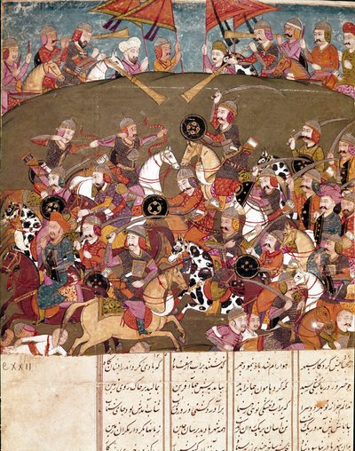 Arte islámico: escena de batalla. Miniatura persa de un manuscrito del poema épico 