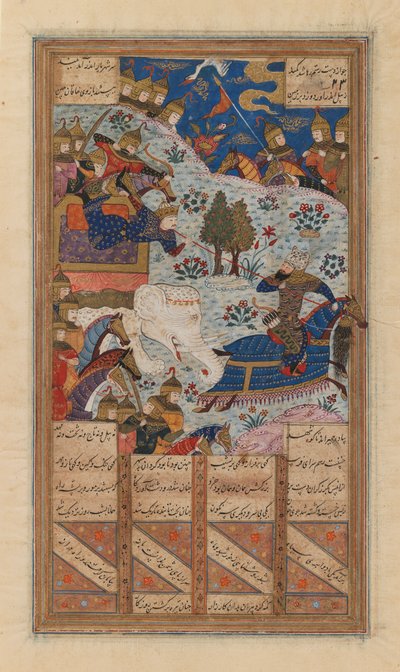 Rustum atrapa al Khagan de China, folio de un manuscrito del Shahnama de Ferdowsi de School Persian