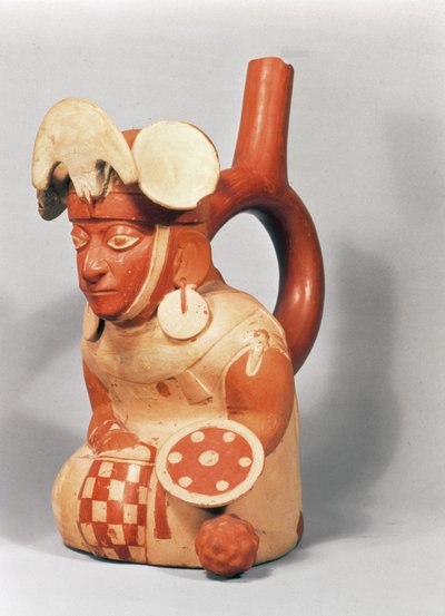 Vaso de estribo mochica en forma de guerrero, 300-800 d.C. (terracota) de School Peruvian
