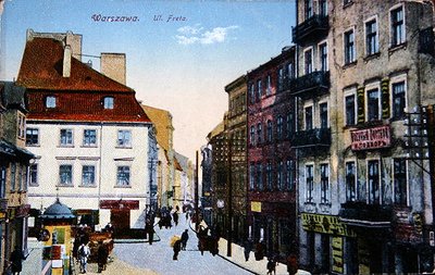 Postal que representa una escena callejera en el centro antiguo de Varsovia, c.1910 de School Polish