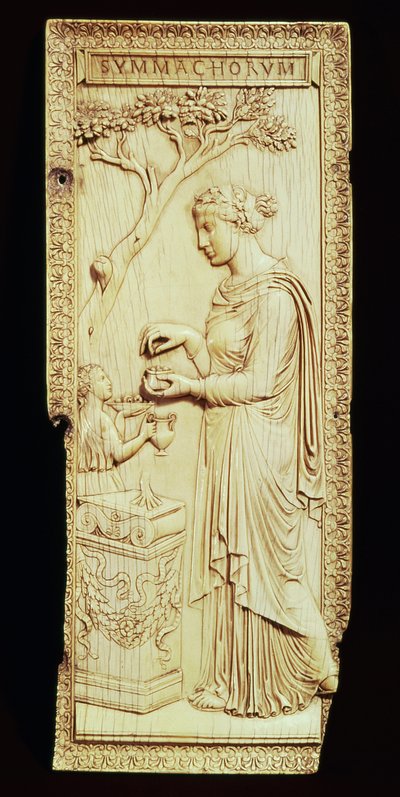 Una hoja del Díptico de Symmachi, que debe su nombre a la familia Symmachi, 400 d.C. (marfil) de School Roman