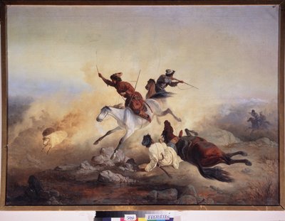 Ataque depredador. Batalla y persecución a caballo en las montañas de Daguestán (Daguestán), entre el ejército ruso y los combatientes caucásicos, entre 1830 y 1860. Pintura de un maestro ruso, óleo sobre lienzo. arte ruso de School Russian