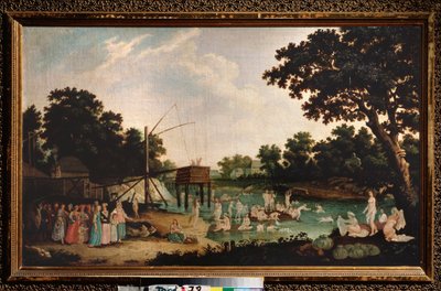 Baño de enfermería en Moscú. (Termalismo: muchas mujeres desnudas se bañan, cerca de un edificio de sauna tradicional. Se les une un grupo de personas vestidas, con niños intimidados). Pintura de un maestro ruso, óleo sobre lienzo, finales del siglo XVIII. de School Russian