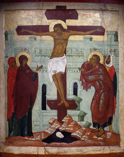 Crucifixión, icono de Novgorod de School Russian