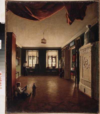 En la pieza. (Un pintor en su caballete ejecuta el retrato de una modelo oculta por la puerta abierta, donde vemos a una mujer en su obra. En primer plano, un niño se dedica a dibujar en su pizarra). Pintura de un maestro ruso, óleo sobre ti de School Russian
