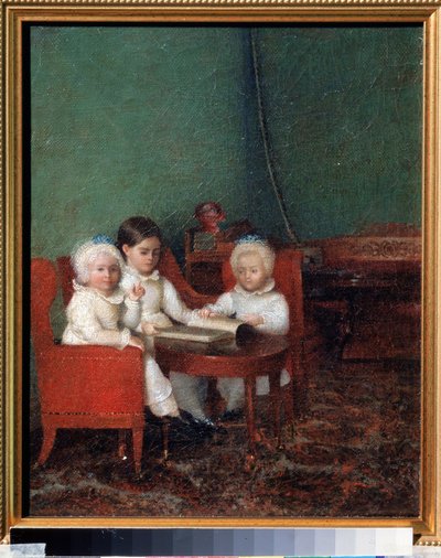Niños en un interior. Pintura anónima. Óleo sobre lienzo, 25,2 x 20,6 cm de School Russian