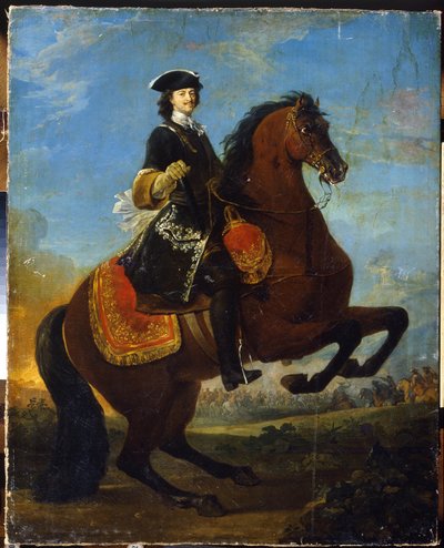Retrato ecuestre de Pedro I con una batalla de la Gran Guerra del Norte al fondo de School Russian