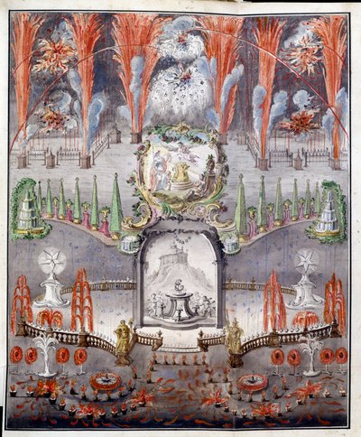 Fuegos artificiales e iluminación el 17 de septiembre de 1747 en Gostilitsy (Rusia). Obra anónima, grabado en cobre coloreado a la acuarela, mediados del siglo XVIII. arte ruso de School Russian