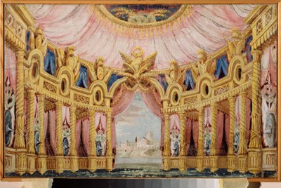 Salón con columnata. Decoración preparatoria para una obra de teatro. Obra de un maestro ruso, témpera sobre lienzo de School Russian