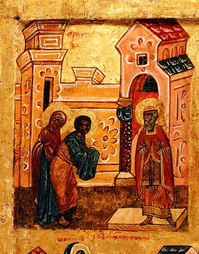 Icono que representa a Joaquín y Ana visitando el Templo en Jerusalén, c.1550 (detalle) de School Russian