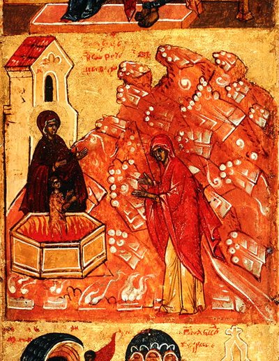 Icono que representa una escena durante la huida a Egipto, c.1550 (detalle) de School Russian