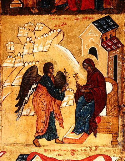 Icono que representa la Anunciación, c.1550 (detalle) de School Russian
