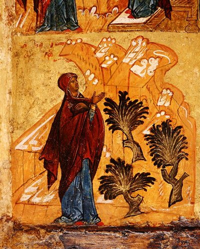 Icono que representa a la Virgen rezando en el desierto, c.1550 (detalle) de School Russian