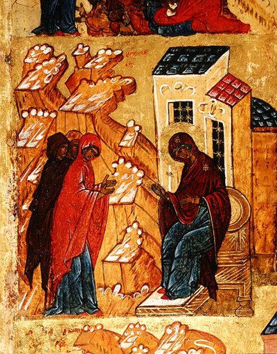 Icono que representa a la Virgen seleccionando los colores más honrados de la tela, c.1550 (detalle) de School Russian