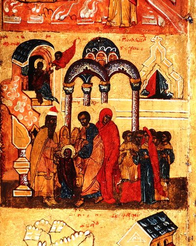 Icono que representa la infancia de la Virgen y su dedicación a Dios, c.1550 (detalle) de School Russian