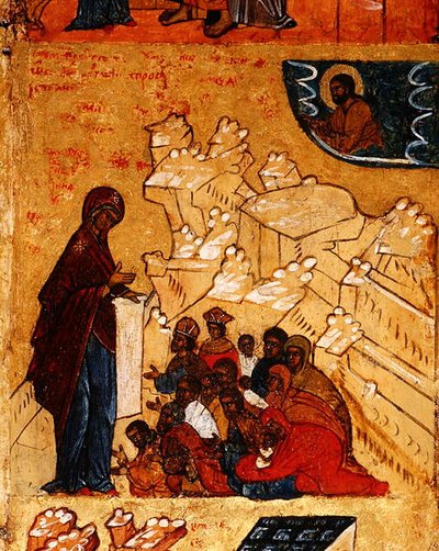 Icono que representa la aparición milagrosa de la Virgen al Príncipe Andrei Bogoliubski en 1155, c.1550 (detalle) de School Russian