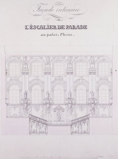 Fachada interior de la Escalera de Desfile en el Palacio de Invierno, c.1838 de School Russian