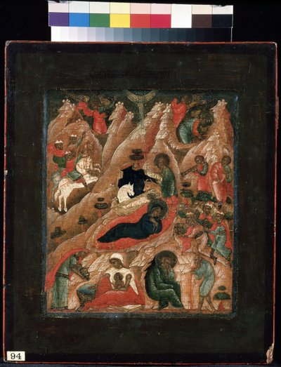 La Natividad, Nacimiento de Cristo y Adoración de los Reyes Magos (La Natividad de Cristo). Icono ruso, témpera sobre madera de School Russian
