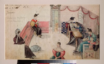 La habitación de Diwan en una mansión. (Mujeres y niños se reúnen en un lugar enmarcado por sofás, leen o cosen). Obra de un maestro ruso, acuarela sobre papel de School Russian