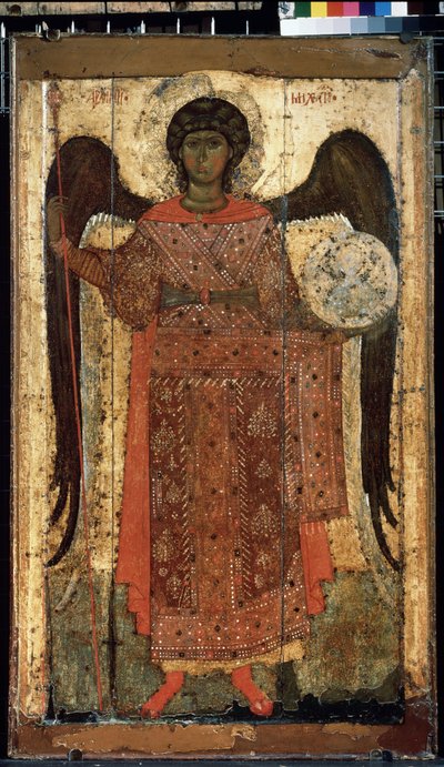 ""El arcángel San Miguel"" Ícono ruso. Pintura sobre madera. Alrededor de 1300. Galería Estatal Tretyakov, Moscú de School Russian