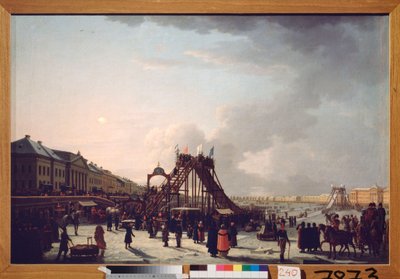 Los ocho grandes (la montaña rusa) en el Neva de San Petersburgo. (Tobogán efímero para la temporada de invierno). Pintura de un maestro ruso, óleo sobre lienzo. de School Russian