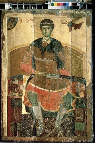 ""El mártir cristiano San Demetrio de Tesalónica entronizado"" Icono ruso. Pintura sobre madera de principios del siglo XIII Galería Estatal Tretyakov, Moscú de School Russian