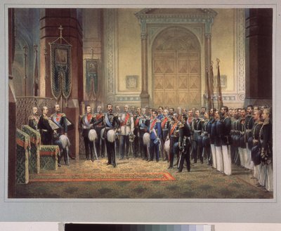 El juramento de lealtad de Tsarevich Nicholas Alexandrovich Romanov de Rusia (1843-1865) en la iglesia del ejército. Obra de un maestro ruso, acuarela sobre papel de School Russian