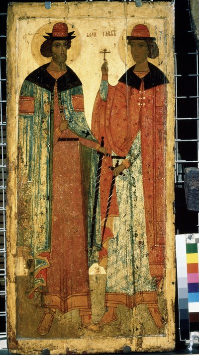 ""Santos Boris y Gleb, hijos de Vladimir I de Kyiv"" Ícono ruso. Pintura sobre madera alrededor de 1450. Galería Estatal Tretyakov, Moscú de School Russian