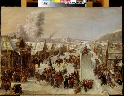Mardi Gras (Carnaval). Escenario de fiestas tradicionales y regocijos populares en una calle nevada de un pequeño pueblo con casas de madera. Se ha dispuesto una pista de trineo y los habitantes beben y se saludan alegremente. pintura anonima, de School Russian