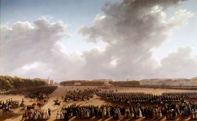 Desfile en los Campos de Marte, en primer plano Alexander Pushkin (Pushkin) (1799-1837) y Nicolás I (1796-1855) a caballo yendo al frente de la emperatriz en un carruaje en París de School Russian
