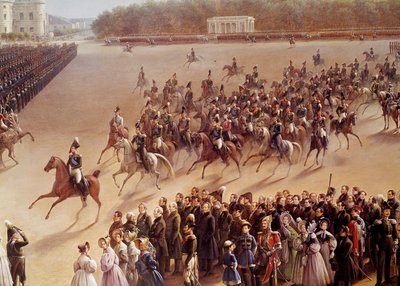 Desfile en el Campo de Marte, en primer plano Alejandro Pushkin (1799-1837) y Nicolás I (1796-1855) a caballo yendo al frente de la emperatriz en un carruaje en París (detalle) de School Russian