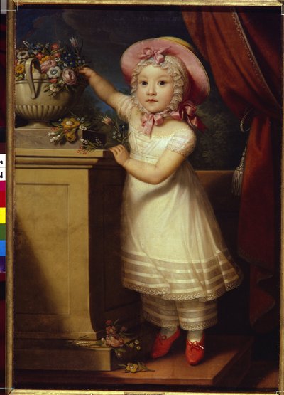 Retrato de Ekaterina Dmitrievna Obreskova (1822-1874). (Retrato de Ekaterina Dmitrievna Obreskova). Una niña, elegante y preciosa, se pone de puntillas para recoger unas flores de un ramo. Pintura anónima, óleo sobre lienzo, v de School Russian