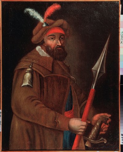 Retrato del líder cosaco Yermak Timofeyevich (nacido entre 1532 y 1542-1585), conquistador de Siberia. Pintura anónima, óleo sobre lienzo, principios del siglo XVIII. Museo Estatal de Arte, Tomsk (Rusia). de School Russian