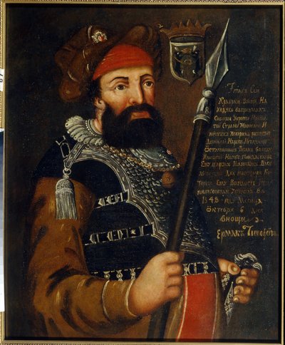 Retrato del líder cosaco, conquistador y explorador de Siberia, Yermak Timofeyevich (nacido entre 1532 y 1542-1585) (Retrato del líder cosaco y conquistador de Siberia, Yermak Timofeyevich). Pintura anónima, óleo sobre lienzo de School Russian