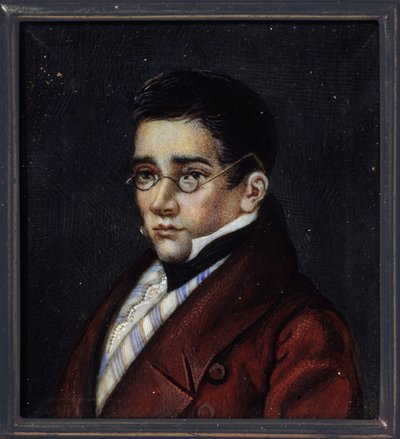 Retrato del dramaturgo Alexander Sergeyevich Griboiedov (Alexander S. Griboyedov) (1795-1829). Obra de un maestro ruso, acuarela y gouache sobre cuerno, hacia 1820. Arte ruso de School Russian