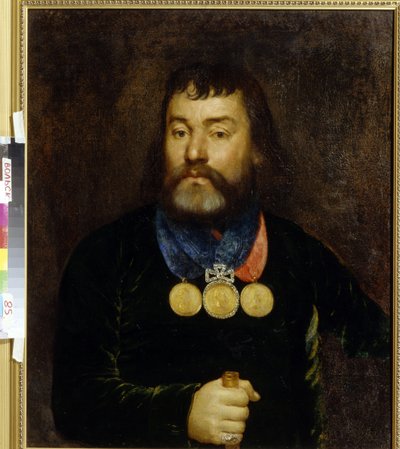Retrato del poeta Constantin Zlobin (1777-1813). Luciendo con orgullo tres medallas de oro y diamantes alrededor de su cuello. Pintura anónima, óleo sobre lienzo, principios del siglo XIX. arte ruso de School Russian