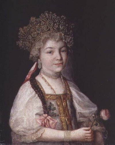 Retrato de Alexandra Pavlovna en Traje Nacional Ruso, c.1790 de School Russian