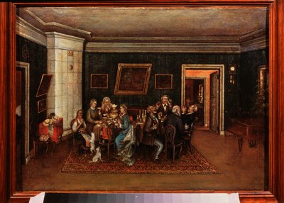 Recepción de noche. (Escenario de la vida cotidiana, familiares y amigos reunidos en torno a la mesa del comedor). Pintura de un maestro ruso, óleo sobre lienzo, mediados del siglo XIX. Museo Literario Central del Estado, Moscú. de School Russian