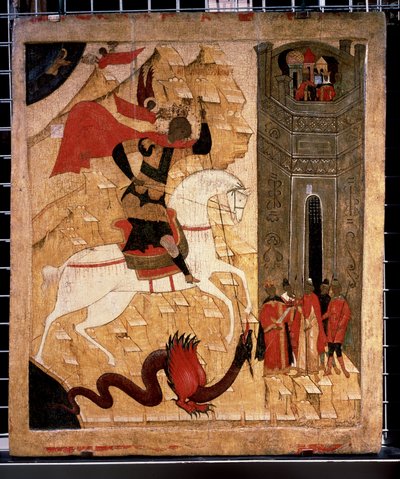 ""Representación De San Jorge Y El Dragón"" Icono Ruso. Pintura sobre madera del siglo XV. Galería Estatal Tretyakov, Moscú de School Russian