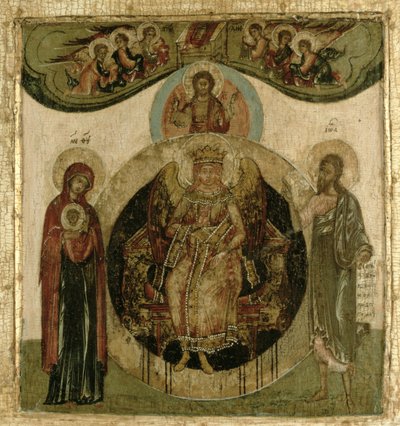 Icono ruso de Sofía, la Santa Sabiduría, entronizada en forma de ángel de fuego alado (panel) de School Russian