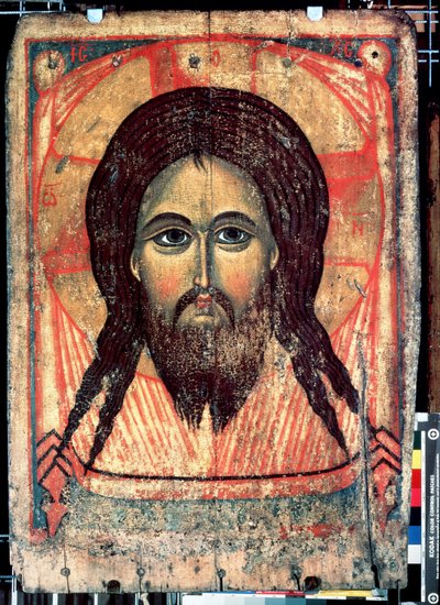 ""San Mandylion"" Representación del rostro de Cristo impreso en un velo (rostro santo). icono ruso. Pintura sobre madera de finales del siglo XIV Galería Estatal Tretyakov, Moscú de School Russian