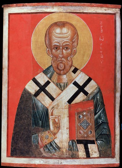 San Nicolás (o San Nicolás de Myre o San Nicolás de Bari, 270-345) (San Nicolás). Ícono ruso, témpera sobre madera, finales del siglo XIII, principios del XIV, arte de Novgorod (Rusia). Hermitage estatal, San Petersburgo. de School Russian