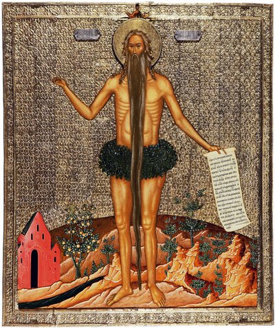 San Onuphrius (San Onuphrius). Onuphre el anacoreta o El Grande (siglo IV), monje luego ermitaño en Egipto, se le representa tradicionalmente con una larga barba y ramas a modo de vestimenta. Obra anónima de Moscú, témpera sobre madera, hacia de School Russian