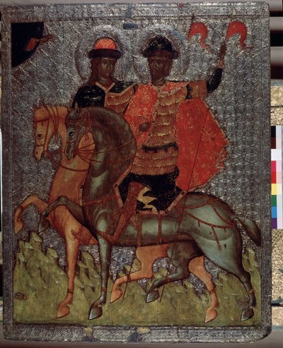 Santos Boris (o Roman) y Gleb (o David) a caballo (mártires en 1015) (Santos Boris y Gleb a caballo). Hijos menores de San Vladimir, Gran Príncipe de Kyiv, siempre se distinguieron por su piedad, pero a la muerte de su padre, el mayor Svia de School Russian