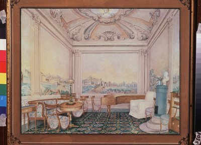 Sala de recepción en una mansión. Obra de un maestro ruso, acuarela sobre papel de School Russian