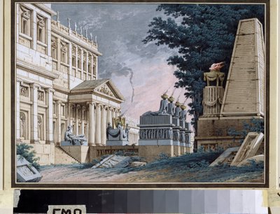 Templo, escenografía para una obra de teatro. Pintura anónima. Acuarela y gouache sobre papel, hacia 1800. Decoración de teatro ruso. Museo Palacio Teatro Ostankino, Moscú. de School Russian