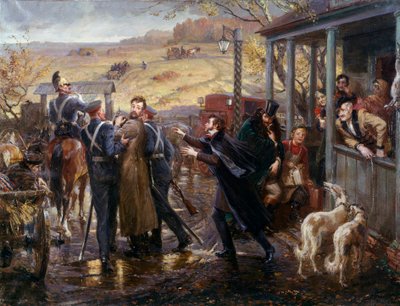 El poeta ruso Alexander Pushkin se encuentra con su amigo decembrista Kukhelbacker en la estación de tren de Zabaze en 1827 de School Russian