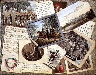 Collage de trampantojo de partituras, tarjetas de felicitación y poemas, c.1821 de School Russian