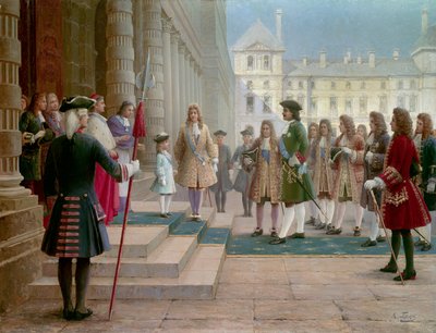 El zar Pedro el Grande (1672-1725) recibido por Luis XV niño en Versalles en 1717 de School Russian