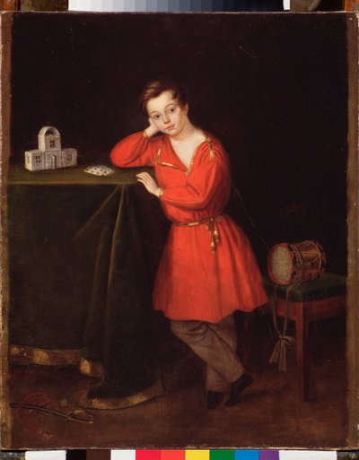 Un niño con túnica roja frente a un castillo de naipes sobre la mesa. Pintura anónima, óleo sobre lienzo, alrededor de 1830. Arte ruso de School Russian